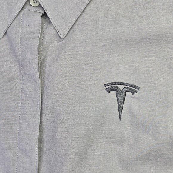 Tesla Shirt Womens L Gray Button Down 3/4 Sleeve Embroidered Logo Stretch Moto - Picture 5 of 13